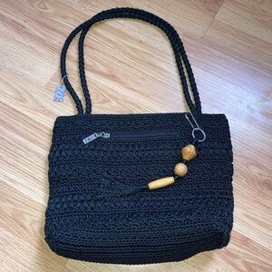 Lina Woven Double Top Handle Wood Tassel Shoulder Bag Purse Black